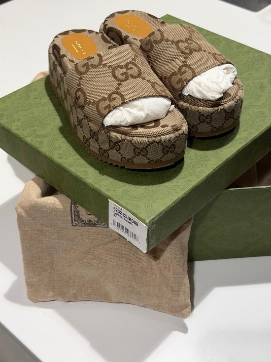 Gucci Shoes - Gucci Beige and Brown GG Canvas Platform Slides